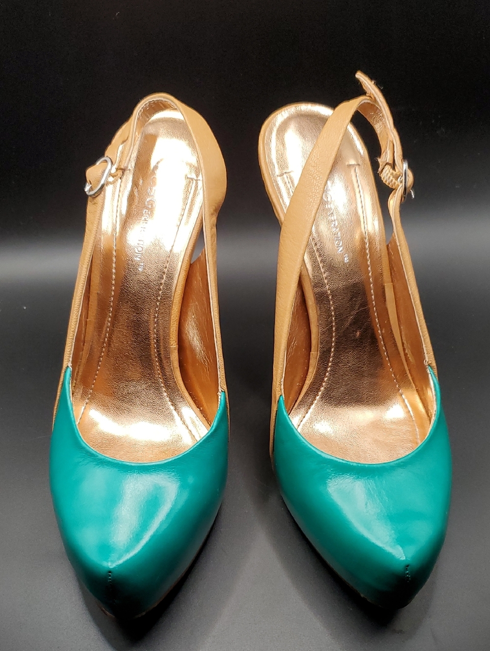 BCBGeneration Teal and Tan Leather Slingback Platform Heels